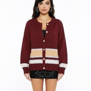 Women Knit Sweater  Cardigan Red Burgundy Hand Knitted Size XL